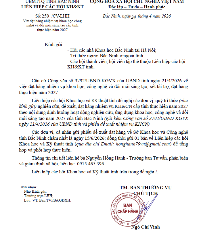 Công văn đặt hàng nhiệm vụ khoa học, công nghệ và đổi mới sáng tạo cấp tỉnh thực hiện năm 2027 