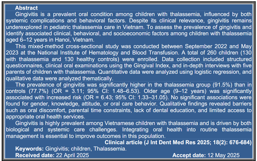 Determinants of Gingivitis in Children Aged 6-12 Years with Thalassemia: A Mixed-Method Cross-Sectional Study 