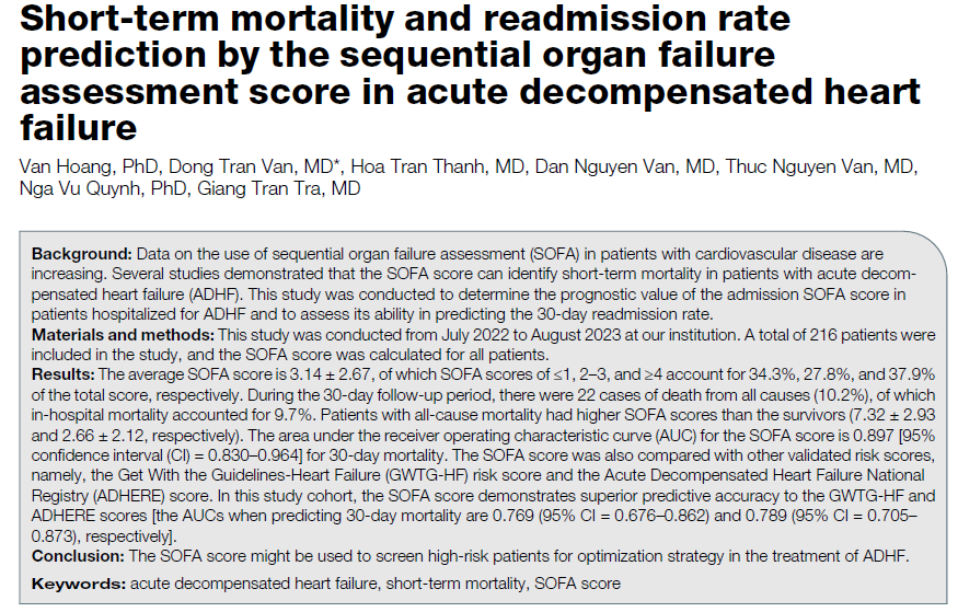 Short-term mortality and readmission rate prediction by the sequential organ failure assessment score in acute decompensated heart failure 