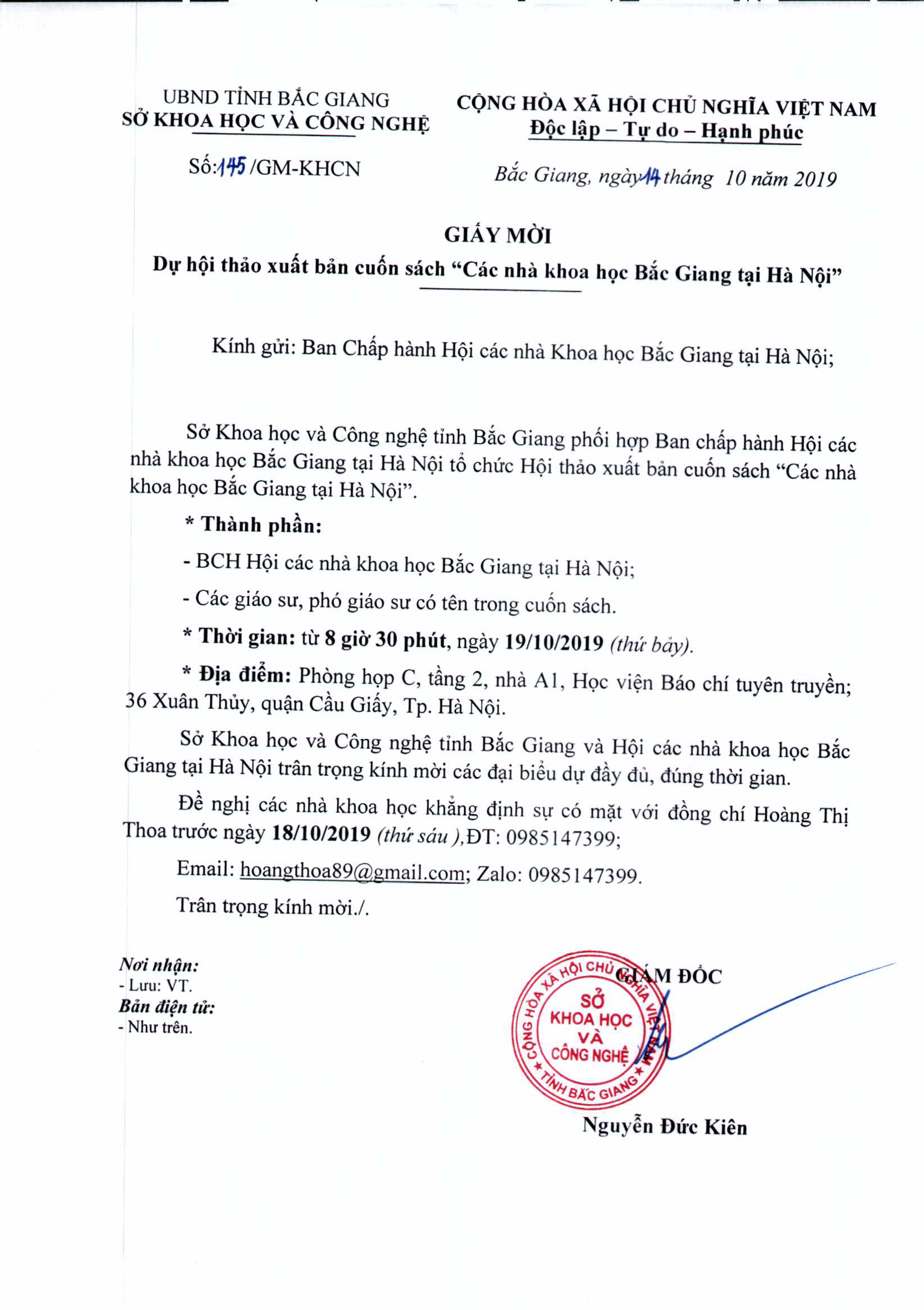 Giấy mời dự  hội thảo xuất bản cuốn sách "Các nhà khoa hoạc Bắc Giang tại Hà Nội" 