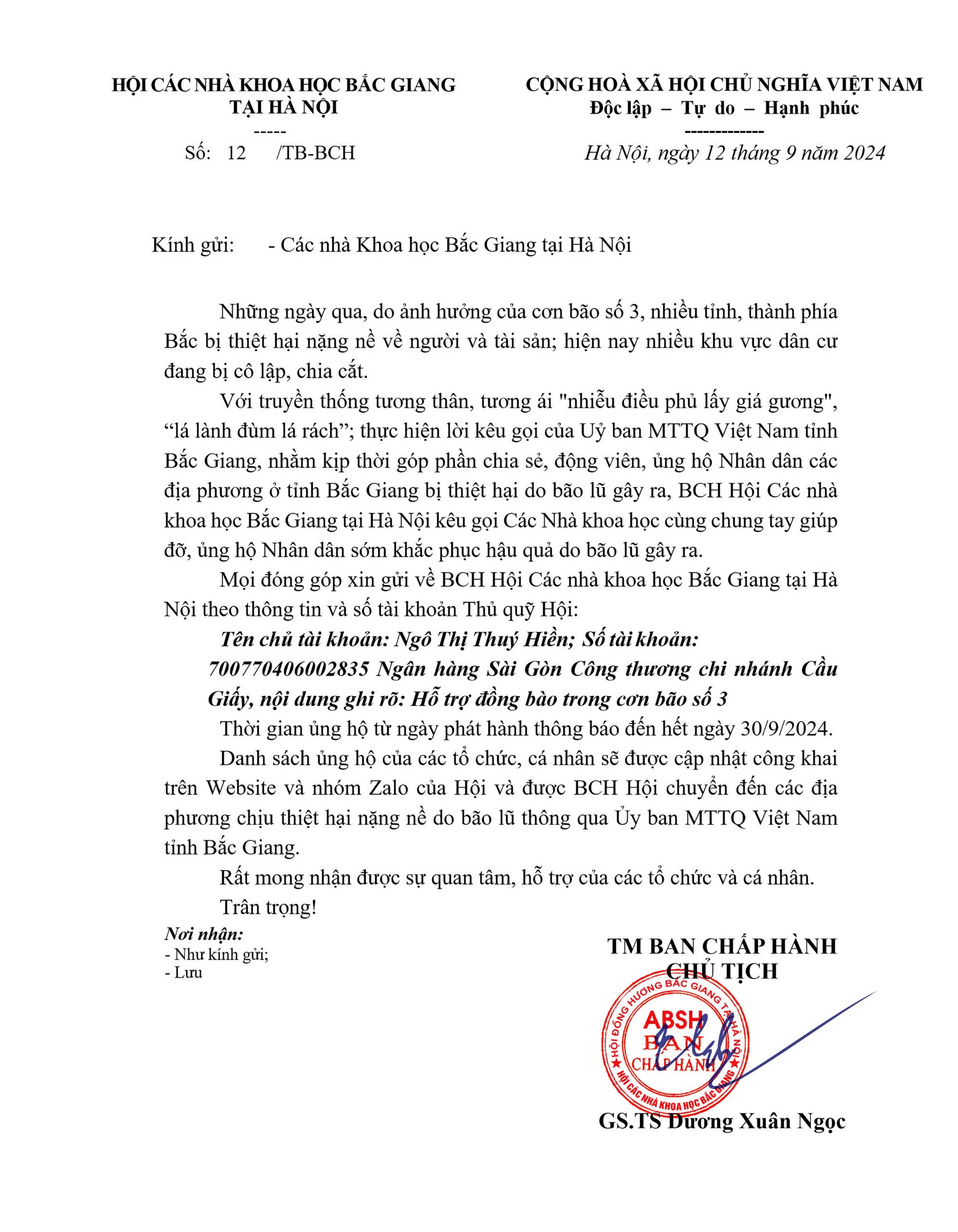 Thông báo vận động cứu trợ đồng bào bị thiệt hại do bão số 3 